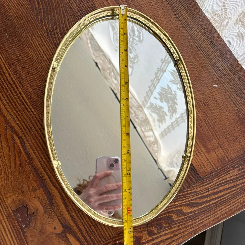 Vintage Oval Brass Tone Mirror Vanity Tray Felt Back Floral Rim old Hollywood